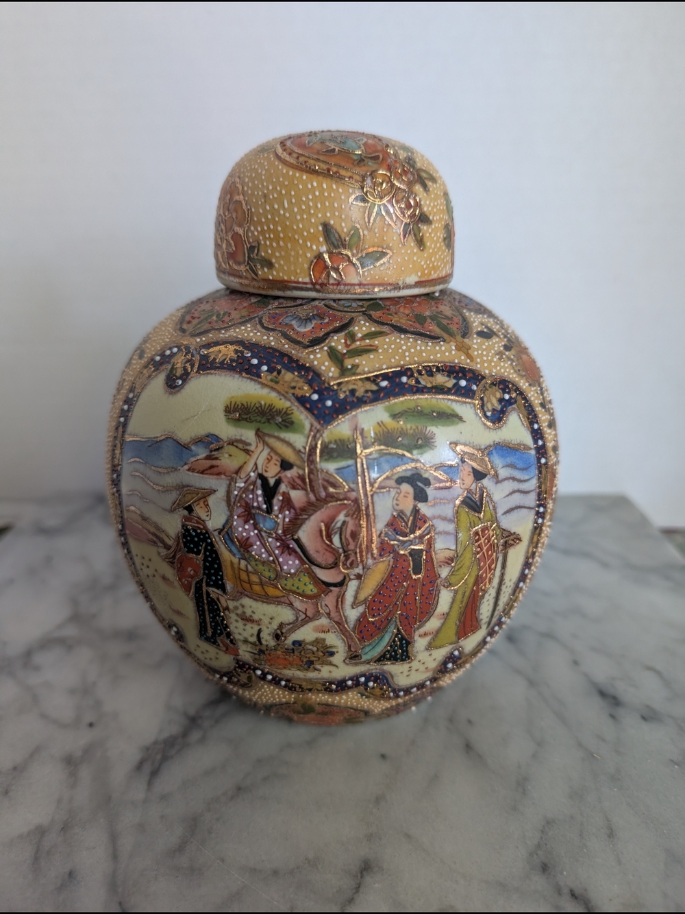 Vintage Satsuma Style Ginger Jar with Lid - Made in China, Moriage Enamel & Gilt